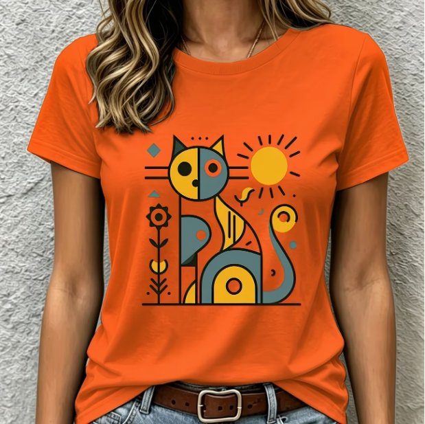 Cat T shirt 个性猫咪图腾印花T恤短袖女圆领休闲街头风情侣装ins