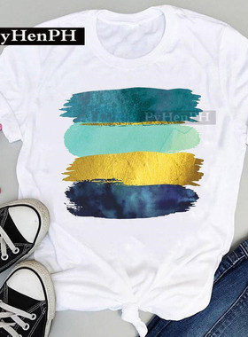 Summer Tshirt Women 时尚条纹几何设计短袖T恤女夏季休闲闺蜜装