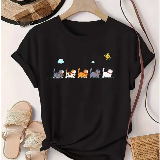 Cat T shirt 卡通可爱猫咪印花女士T恤夏季小清新圆领亲子装上衣