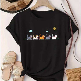小清新圆领亲子装 Cat 卡通可爱猫咪印花女士T恤夏季 shirt 上衣