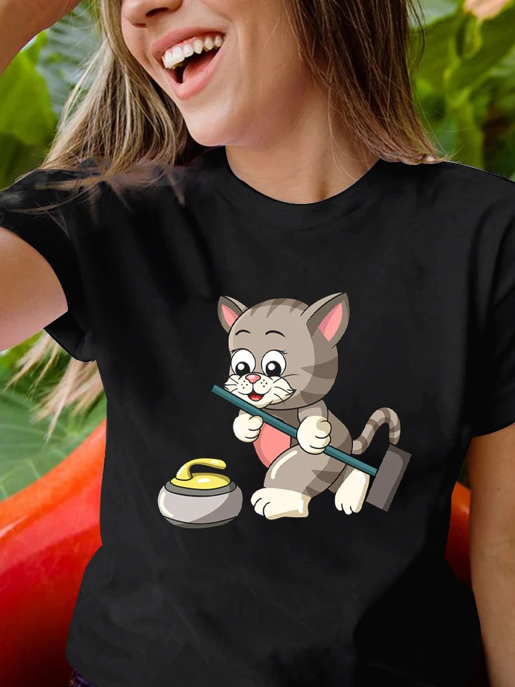 Cat T shirt 趣味 猫咪冰壶运动T恤黑色休闲百搭亲子装女士上衣