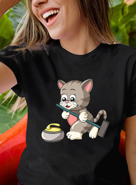 Cat T shirt 趣味 猫咪冰壶运动T恤黑色休闲百搭亲子装女士上衣