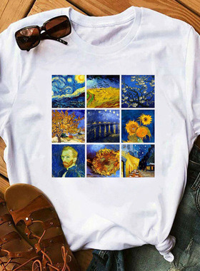 Van Gogh Tshirt 欧美潮牌梵高油画印花短袖T恤女白色宽松上衣服