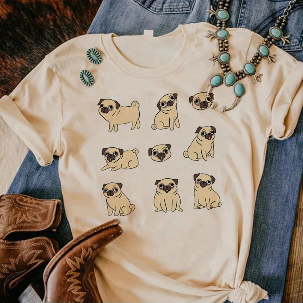 Pug T shirt 新款法国斗牛犬解析印花卡其色打底T恤男女情侣装