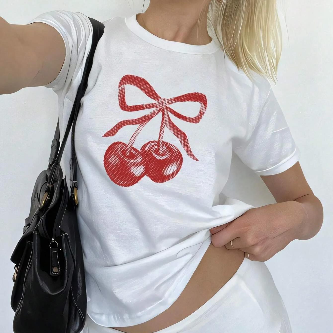 Cherry T shirt 新款时尚樱桃蝴蝶结印花女士圆领短袖T恤大码女装