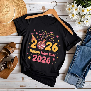 Year shirt 2026新年快乐短袖 上衣 Happy T恤男女情侣亲子装 New