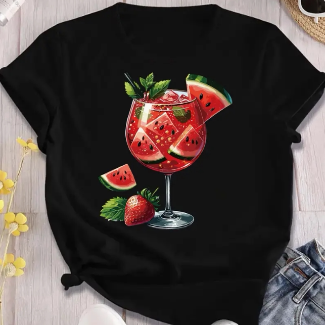Watermelon Cocktail T shirt 个性西瓜草莓鸡尾酒印花女士T恤衫