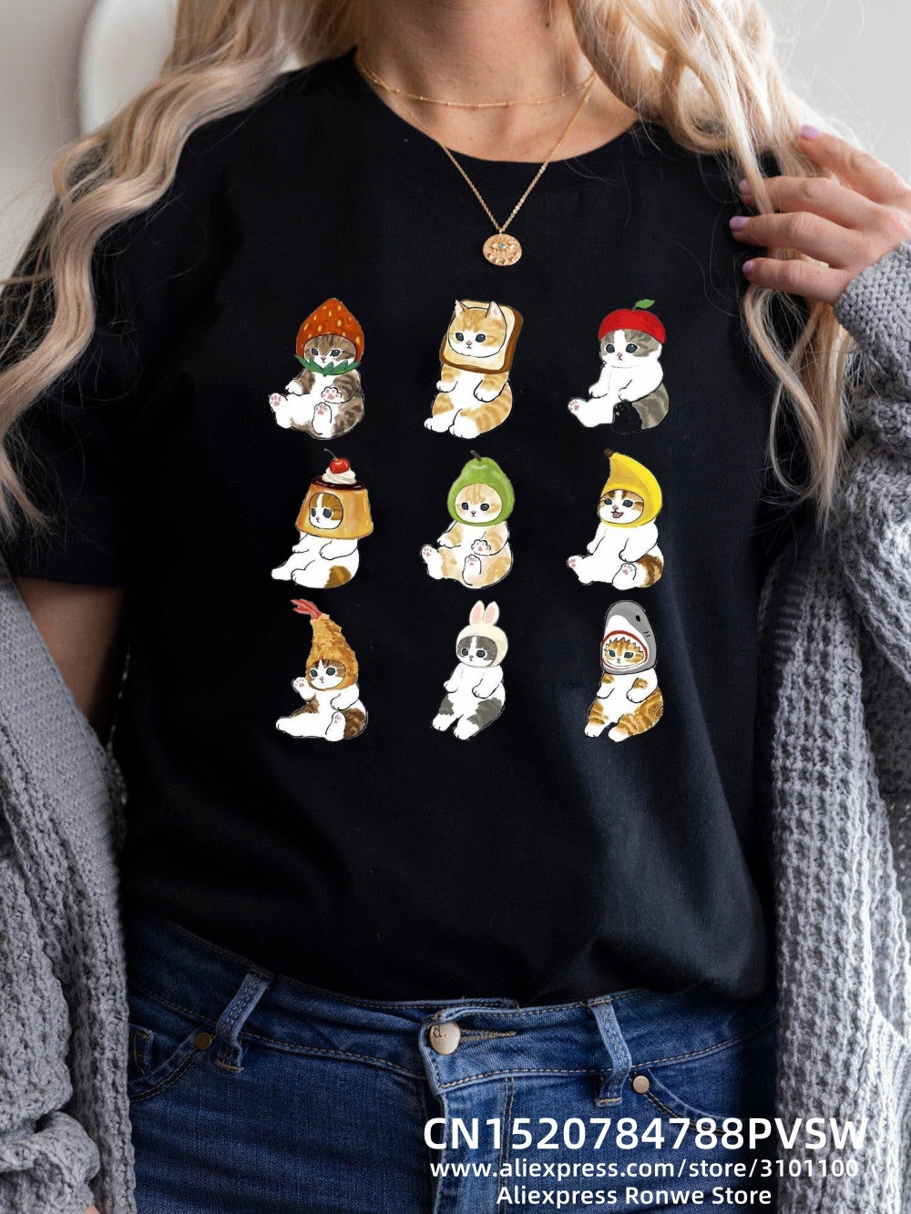Fruits Cats T shirt 新款水果猫咪印花黑色短袖T恤上衣男女体恤