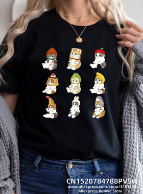 Fruits Cats T shirt 新款水果猫咪印花黑色短袖T恤上衣男女体恤