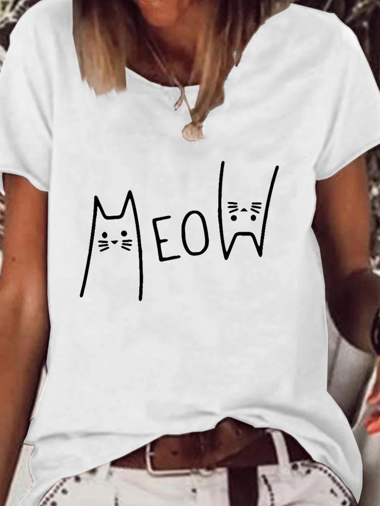 Cat T shirt 夏季新款简约个性猫咪印花短袖T恤女士小众风亲子装