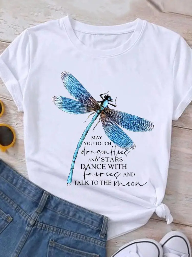 Dragonfly T shirt 夏季女装小清新时尚蜻蜓印花白色百搭短袖T恤