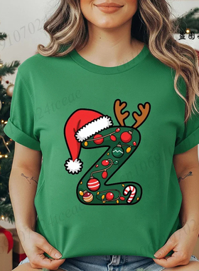 26 Letters Christmas T shirt 绿色圣诞节T恤上衣英文字母体恤衫