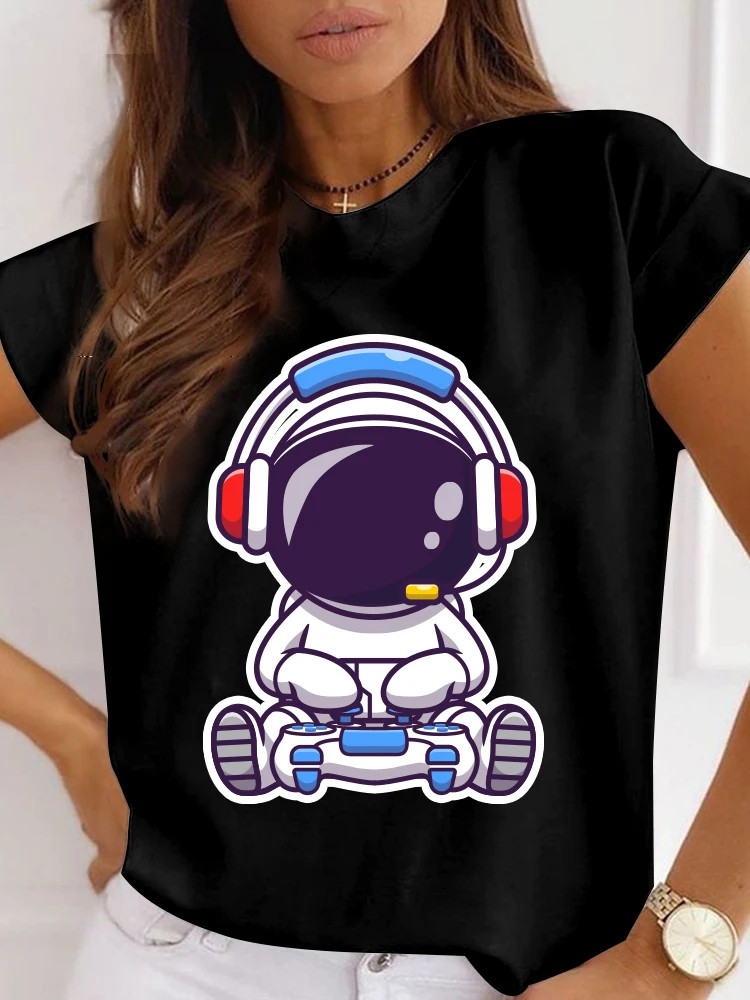 Astronaut T shirt 夏季女装黑色卡通宇航员印花圆领大码亲子装