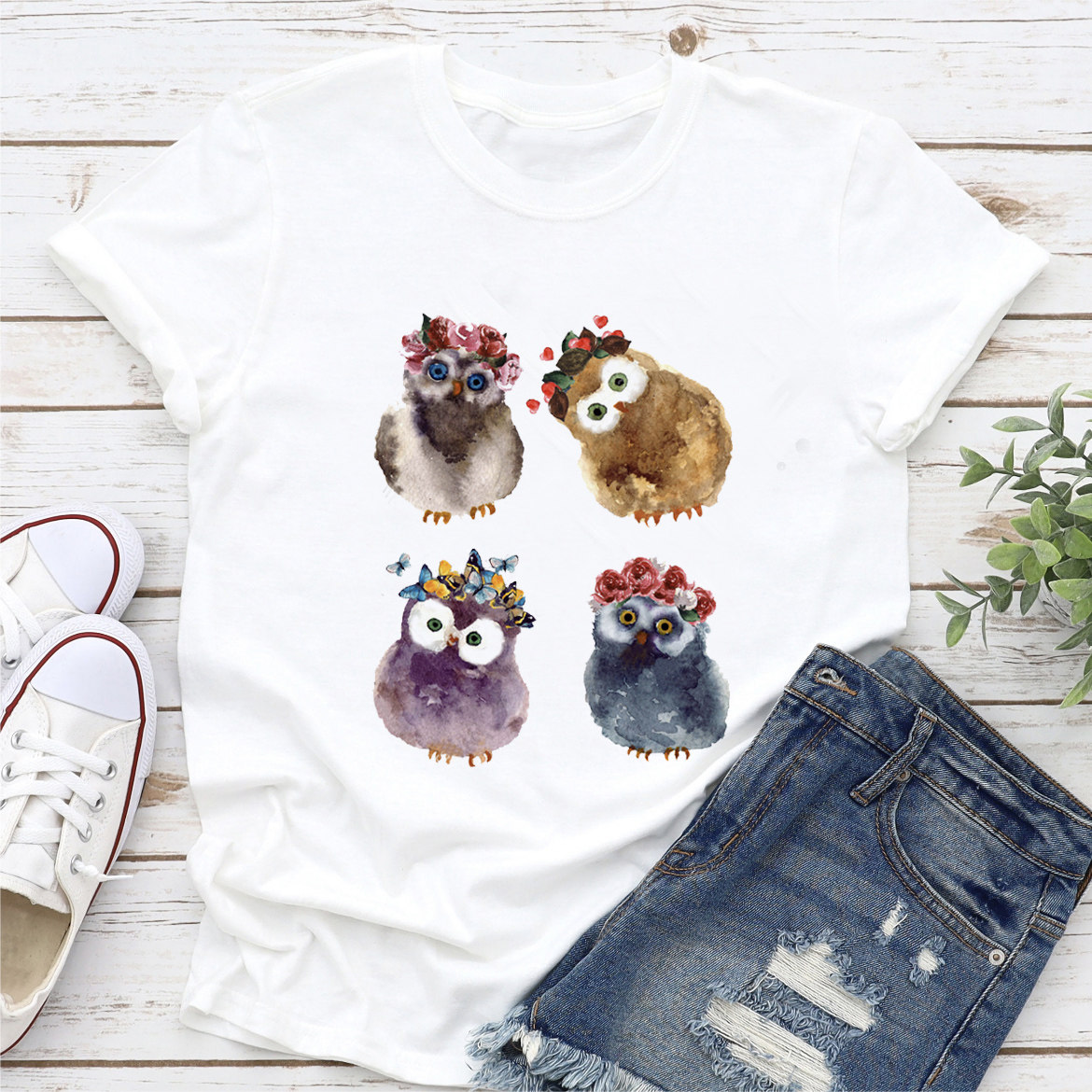 Owl T shirt 夏季女装个性猫头鹰短袖T恤女士休闲圆领体恤上衣服