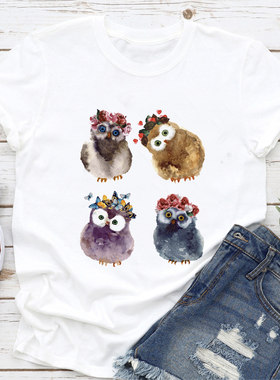 Owl T shirt 夏季女装个性猫头鹰短袖T恤女士休闲圆领体恤上衣服