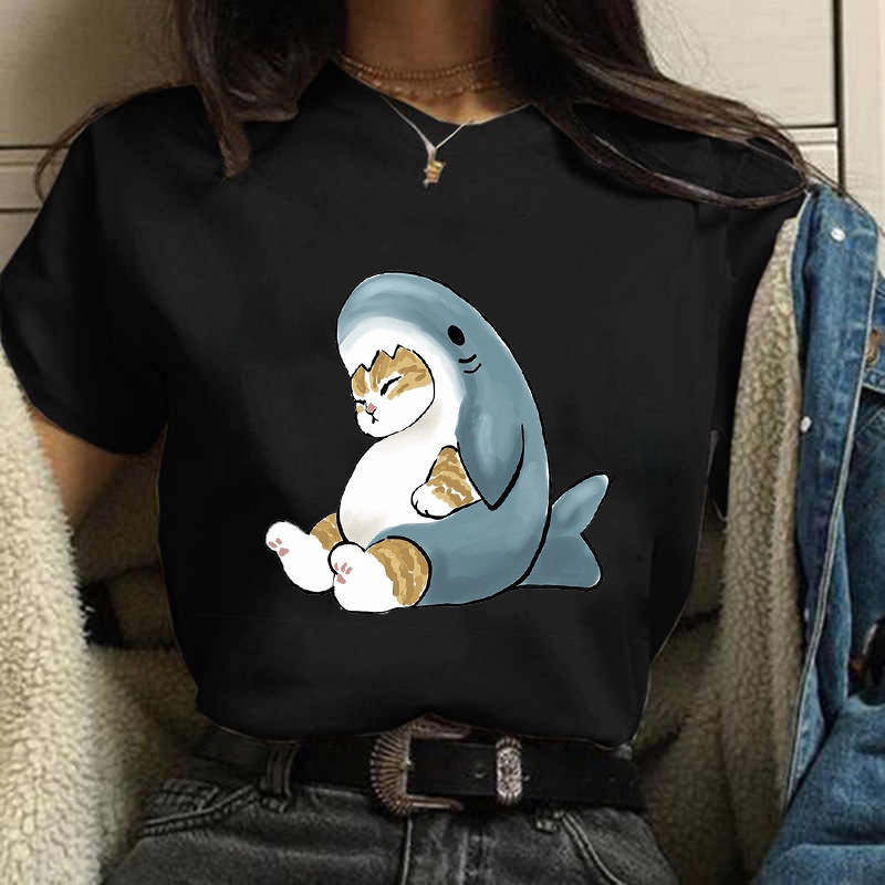 Cat t shirt 新款黑色T恤女可爱卡通鲨鱼猫咪印花短袖体恤亲子装