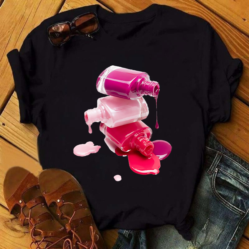 Colorful Nail Polish T shirt 黑色T恤女个性指甲油印花女士上衣