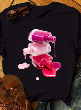 Colorful Nail Polish T shirt 黑色T恤女个性指甲油印花女士上衣