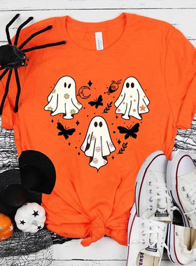 Fashion Halloween T shirt 万圣节T恤女装个性橙色圆领短袖上衣