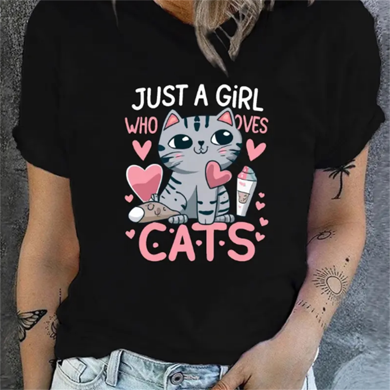 Cute Cat T shirt 卡通可爱猫咪印花女士夏季休闲大码T恤半袖衫
