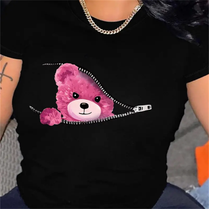 Cute Bear Tshirt 卡通可爱拉链小熊印花女士夏季休闲大码T恤短袖