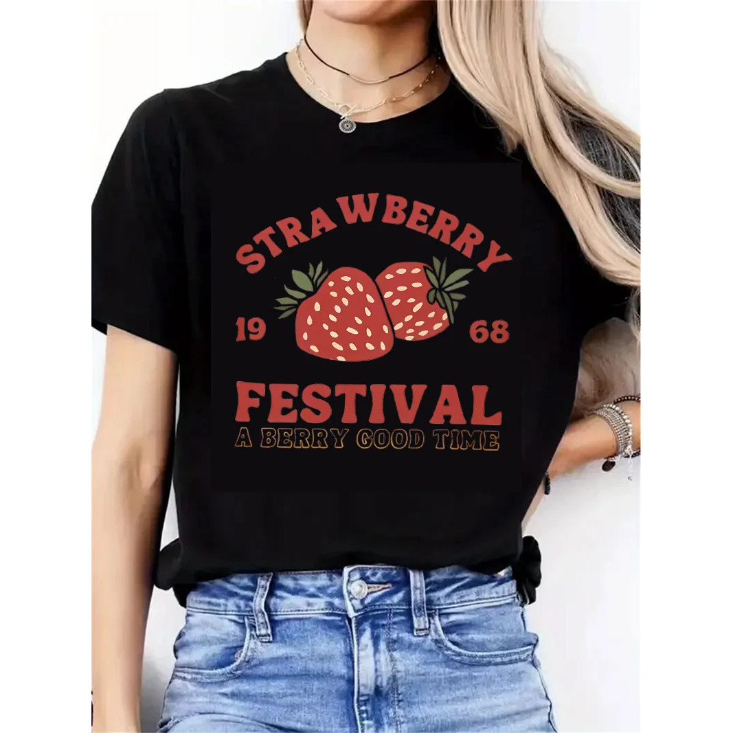 Strawberry T shirt 新款女士黑色短袖个性草莓印花夏季学生T恤