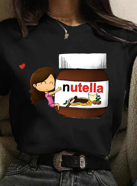 Lovely Nutella T shirt 女士黑色短袖T恤趣味花生酱印花圆领上衣