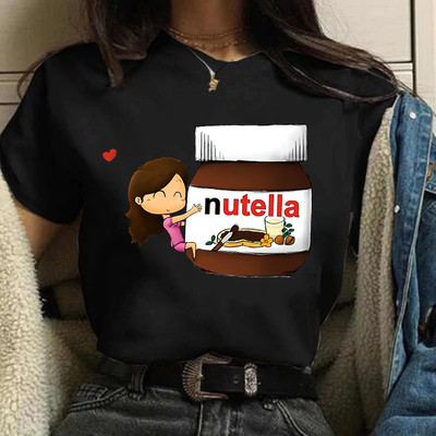 Lovely Nutella T shirt 女士黑色短袖T恤趣味花生酱印花圆领上衣