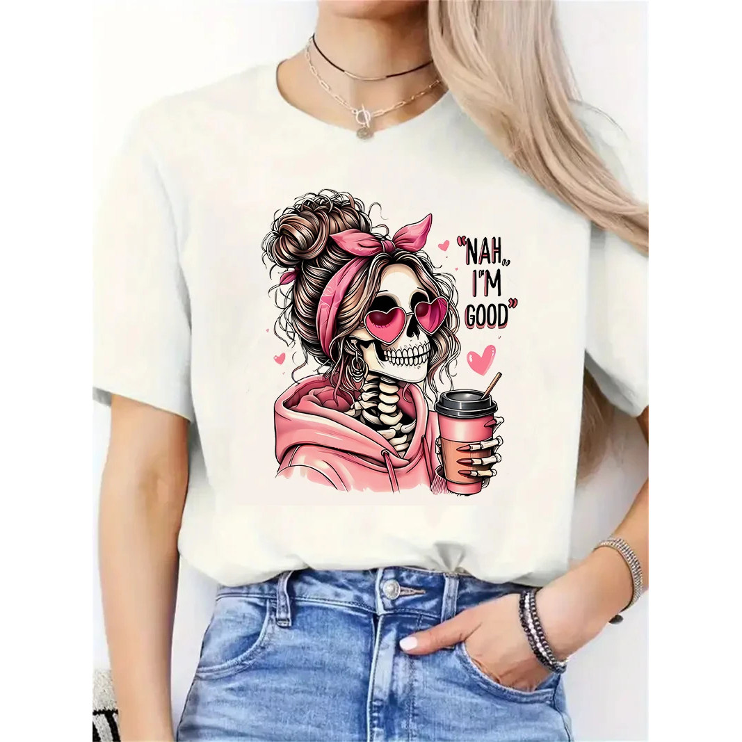 Skull T shirt 2026新款喝咖啡的骷髅女孩印花T恤女夏季百搭上衣