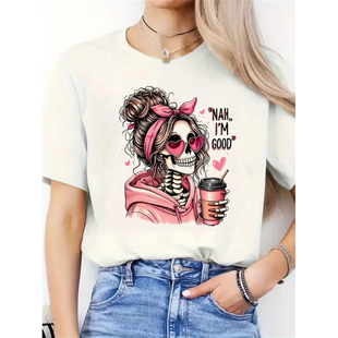 骷髅女孩印花T恤女夏季 shirt 喝咖啡 百搭上衣 2026新款 Skull