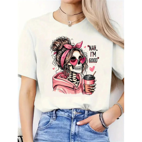 Skull T shirt 2026新款喝咖啡的骷髅女孩印花T恤女夏季百搭上衣