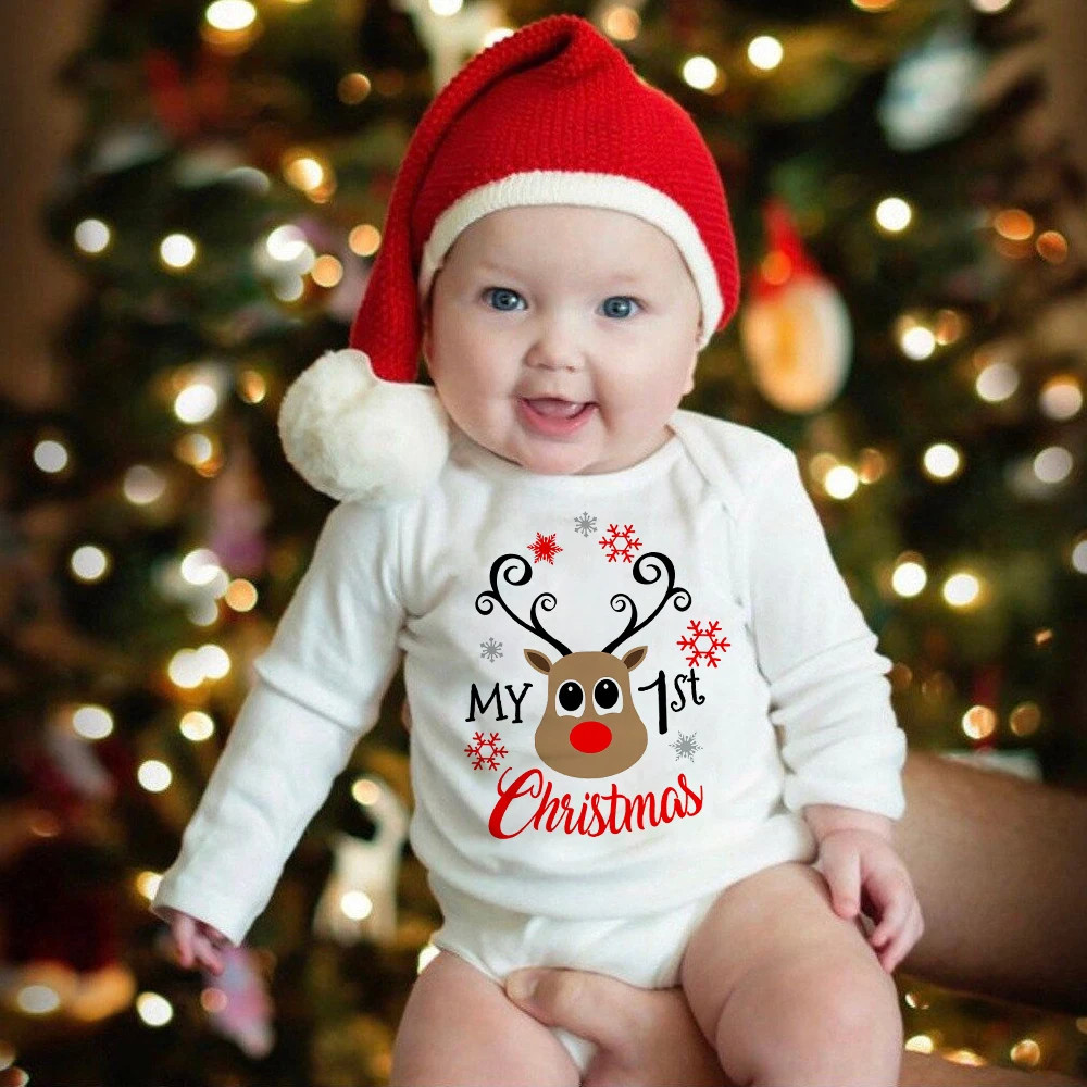 Christmas Bodysuit 圣诞节宝宝爬服白色长袖纯棉哈衣婴儿爬爬衣