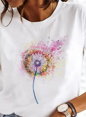 Summer T shirt 女士夏季T恤简约时尚蒲公英印花百搭白色T恤上衣