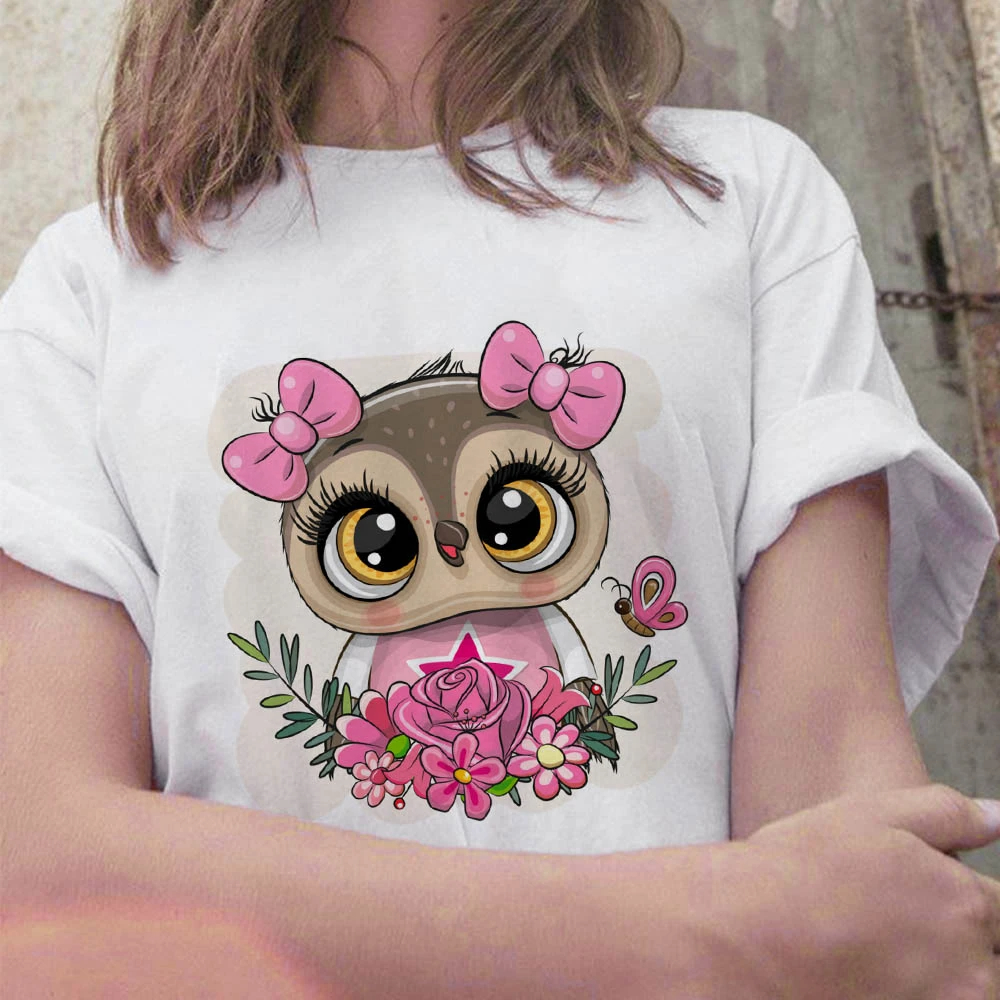 Cute Owl T shirt 2024卡通猫头鹰印花短袖T恤女圆领白色打底衫