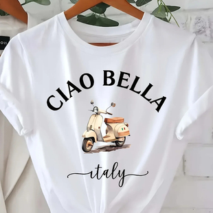 Bella 時(shí)尚 shirt 新款 意大利機(jī)車印花T恤小清新短袖 Ciao Italy