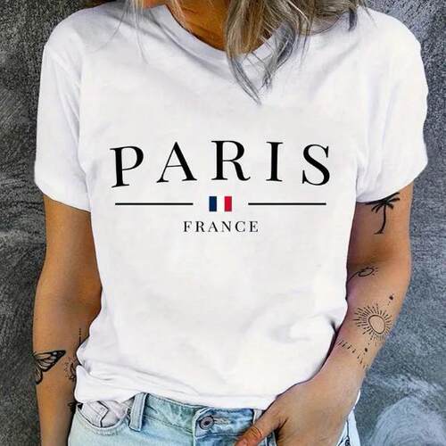 Paris T shirt 时尚之都巴黎印花女士简约短袖上衣T恤大码圆领衫