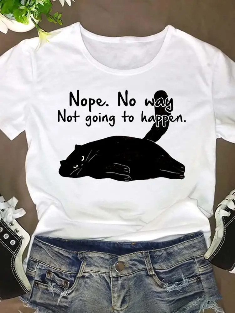 Black Cat T shirt 夏季黑猫印花短袖T恤休闲白色大码亲子T恤上衣