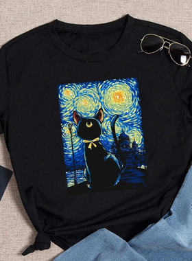 Van Gogh Cat T shirt 欧美时尚梵高油画猫咪印花T恤黑色上衣服