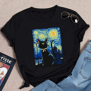 Gogh 欧美时尚 Cat shirt 梵高油画猫咪印花T恤黑色上衣服 Van