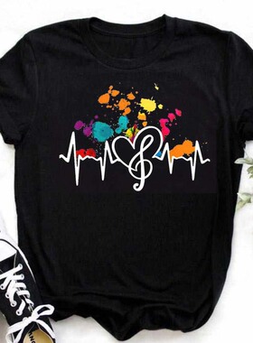 Music Note Art T shirt 夏季黑色短袖个性音符音乐T恤半袖衫上衣