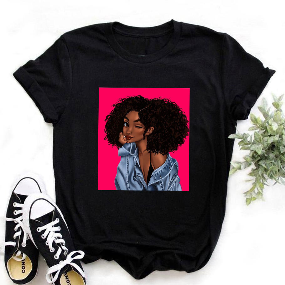 Black Girl T shirt 新潮非洲黑人女孩印花T恤女夏季黑色短袖衣服