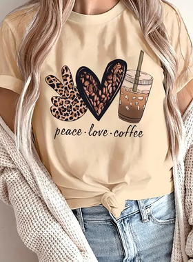 Leopard Love T shirt 夏季女装短袖卡其色蝴蝶结爱心印花T恤女