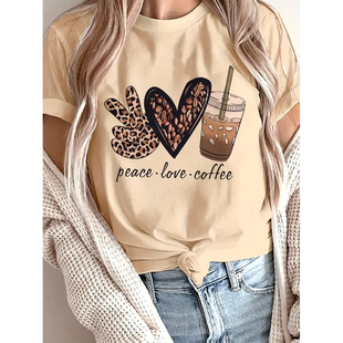 shirt 夏季 女装 卡其色蝴蝶结爱心印花T恤女 Leopard 短袖 Love