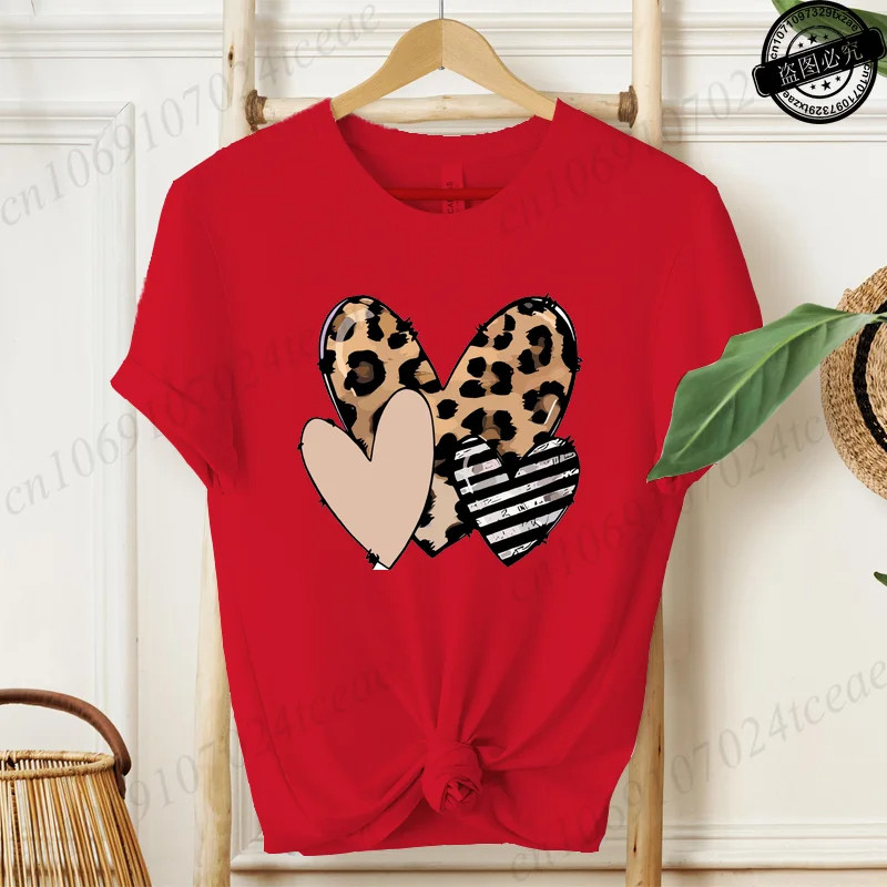 Cool Heart T shirt 新款红色女士T恤时尚豹纹爱心印花打底体恤女