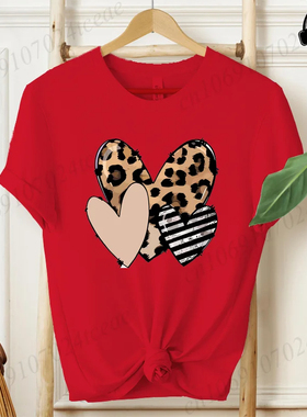 Cool Heart T shirt 新款红色女士T恤时尚豹纹爱心印花打底体恤女