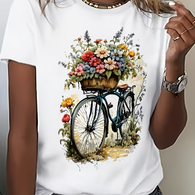 Flower Bike Tshirt  个性鲜花自行车T恤女都市白领百搭街头上衣