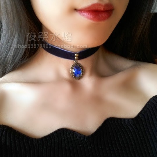 『蓝魅贵族』包邮哥特欧美复古花纹深蓝绒带项链颈饰锁骨链choker