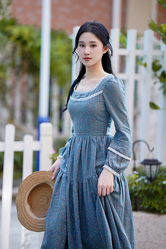 田园ins风百褶长裙碎花棉木耳边