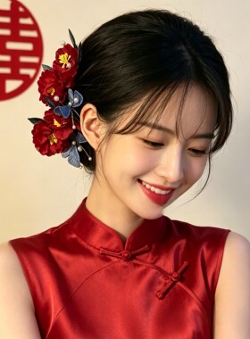订婚宴头饰新中式发夹~民族风新娘结婚头簪饰红色花朵发夹女发饰