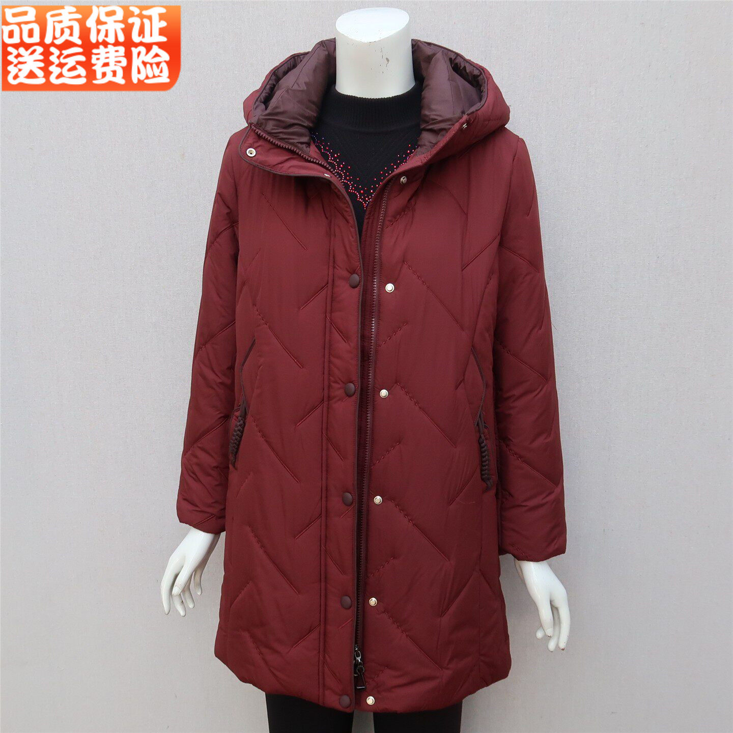 带帽别致超好看菱格棉服夹棉外套女中长款宽松连帽棉衣中年妈妈冬